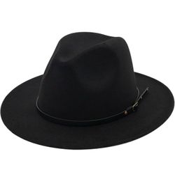 Classic Felt Fedora Hats for Men Women Wool Floppy Wide Brim Panama Hat with Belt Buckle Color: Black