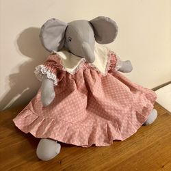 Elephant Doll Pink Floral Dress Purple Hearts White Flowers Lace Vintage 1990s