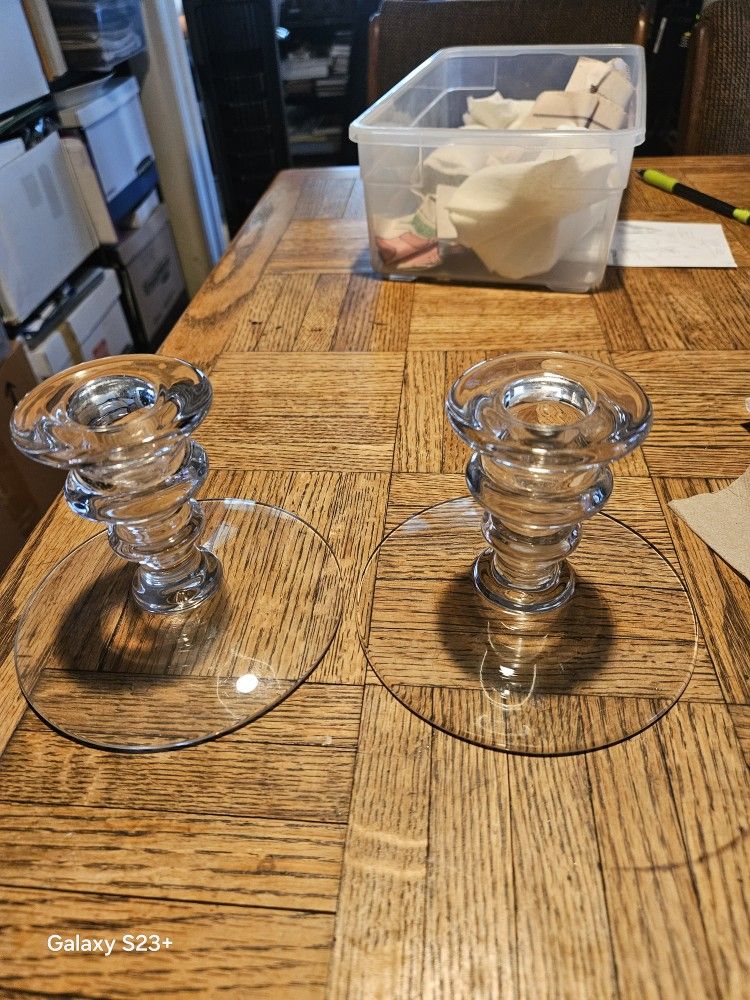 VINTAGE Pair Mid Century Modern Clear Glass Tapered Candle Stick Holder
