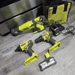 RYOBI 18V SET , DRILL , IMPACT DRIVER, SAWZALL  CHARGER AND 18V 4AH BATTERY 