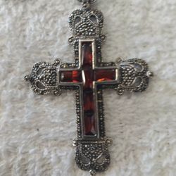 Cross  Garnet & Marquesite Halo  Sterling Made In Italy 