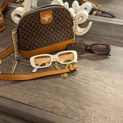 Brown Strapped Purse and Sunglasses Two Pairs