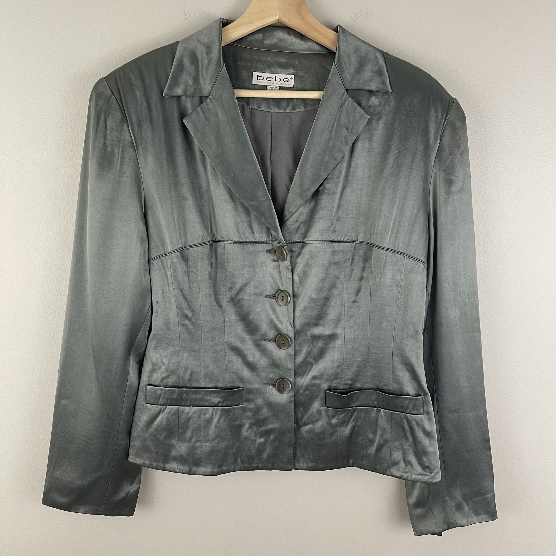 BEBE Vintage Y2K Silver Grey Satin Button Up V Neck Collared Blazer Jacket
