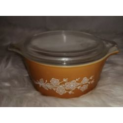 Pyrex 473-B Burnt Orange Flowers Butterfly Gold Baking Casserole Dish WITH LID!