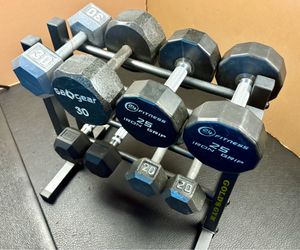 Miss Match Cast Iron Dumbbells at $1.05 per Pound (IF YOU BUY FULL SET) 30s, 25s, 20s and 15 pounders. Brut Weight 180#. [$$ of RACK NOT INCLUDED > AS