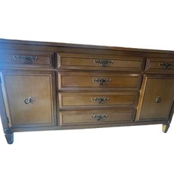 Vtg Wood Long Dresser With Drawers 