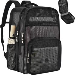 Heavy Duty Mesh Backpacks for School, 19IN Large Lightweight Black Mesh Book Bag for Adults, Beach Backpack for Work Travel