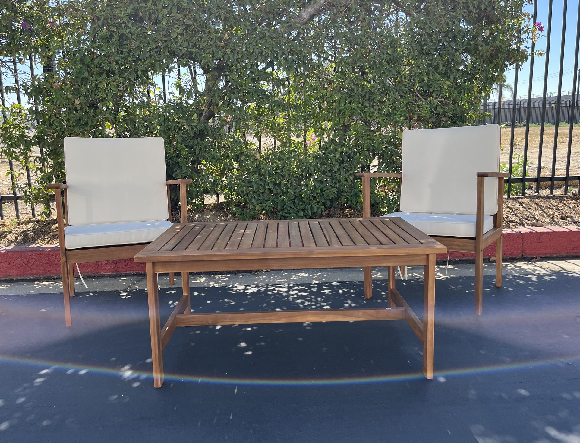 Acacia Wood Patio Conversation Set with Beige Cushions