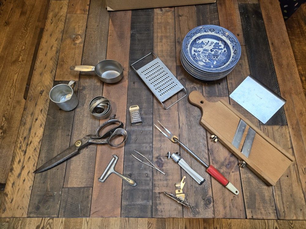 Vintage antique kitchen tools lot, scissors, Tin Cutters, slicer, bowls, can openers, graters