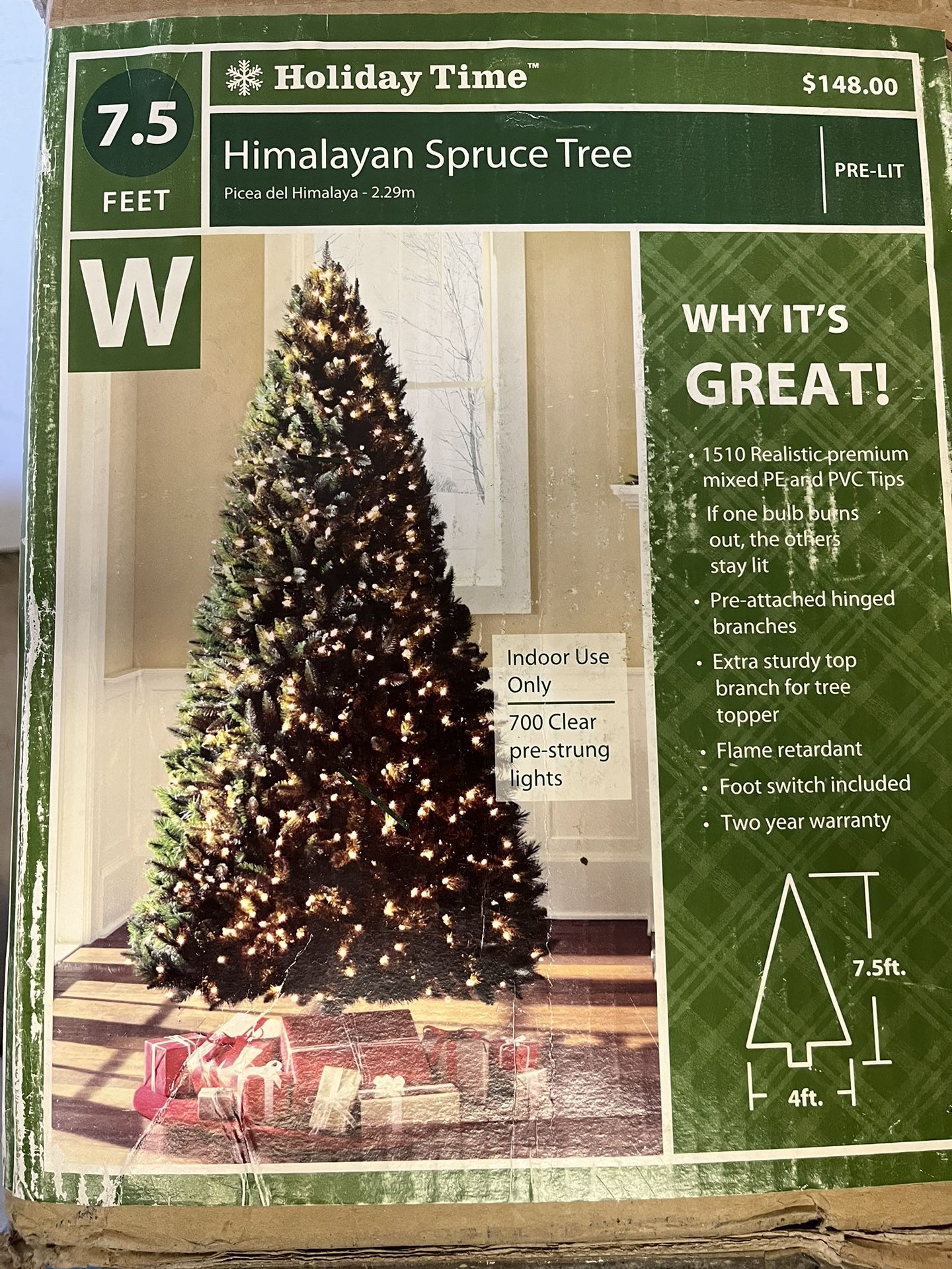 Holiday Time™ Himalayan Spruce Tree Picea del Himalaya - 2.29m Indoor Use Only 700 Clear pre-strung lights. Pick up in person is available.