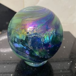 Signed Ornament Blown Glass Iridescent Swirl Art Glass Ball 4.5”