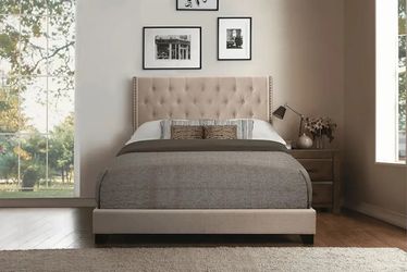 King  Beige Upholstered Bed With Wings  ( NEW In A Box)