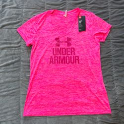 Under Armour Women’s HeatGear Tech Twist V-Neck Logo Shirt Pink Small NWT