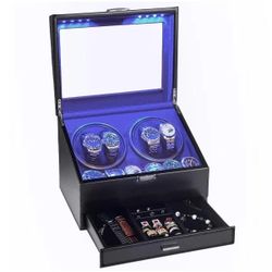 Watch Winder and 6 Storage Case with Jewelry Drawer Black