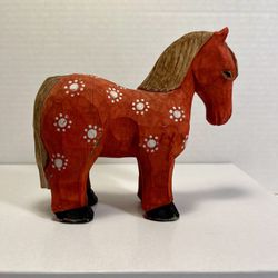 RARE Antique Hand Painted Red Wooden Horse Folk Art 5"