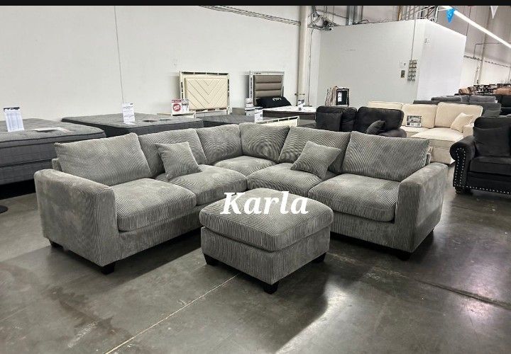 Beautiful 4-Pc Corduroy Sectional Sofa Set With Ottoman