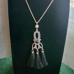 Silver-Tone Adjustable Tassel Pendant Necklace with Blue Accents