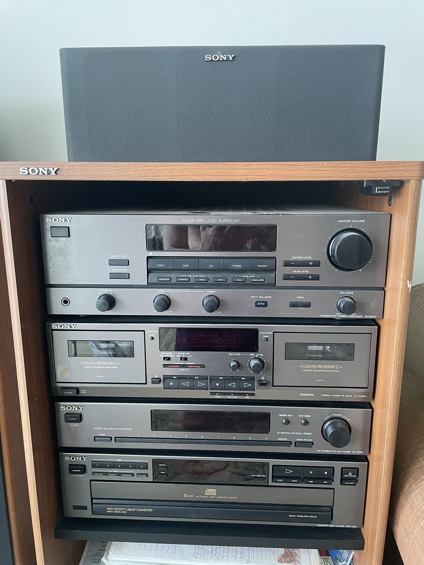 140W Sony High Fidelity system with 5-disc changer and Dolby Pro-Logic surround.