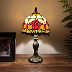 Tiffany Style Mini Table Lamp Stained Glass Red Tulips 8"W*8"D*15"H