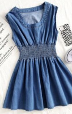 Solid Shirred Detail Denim Short Dress /shirt