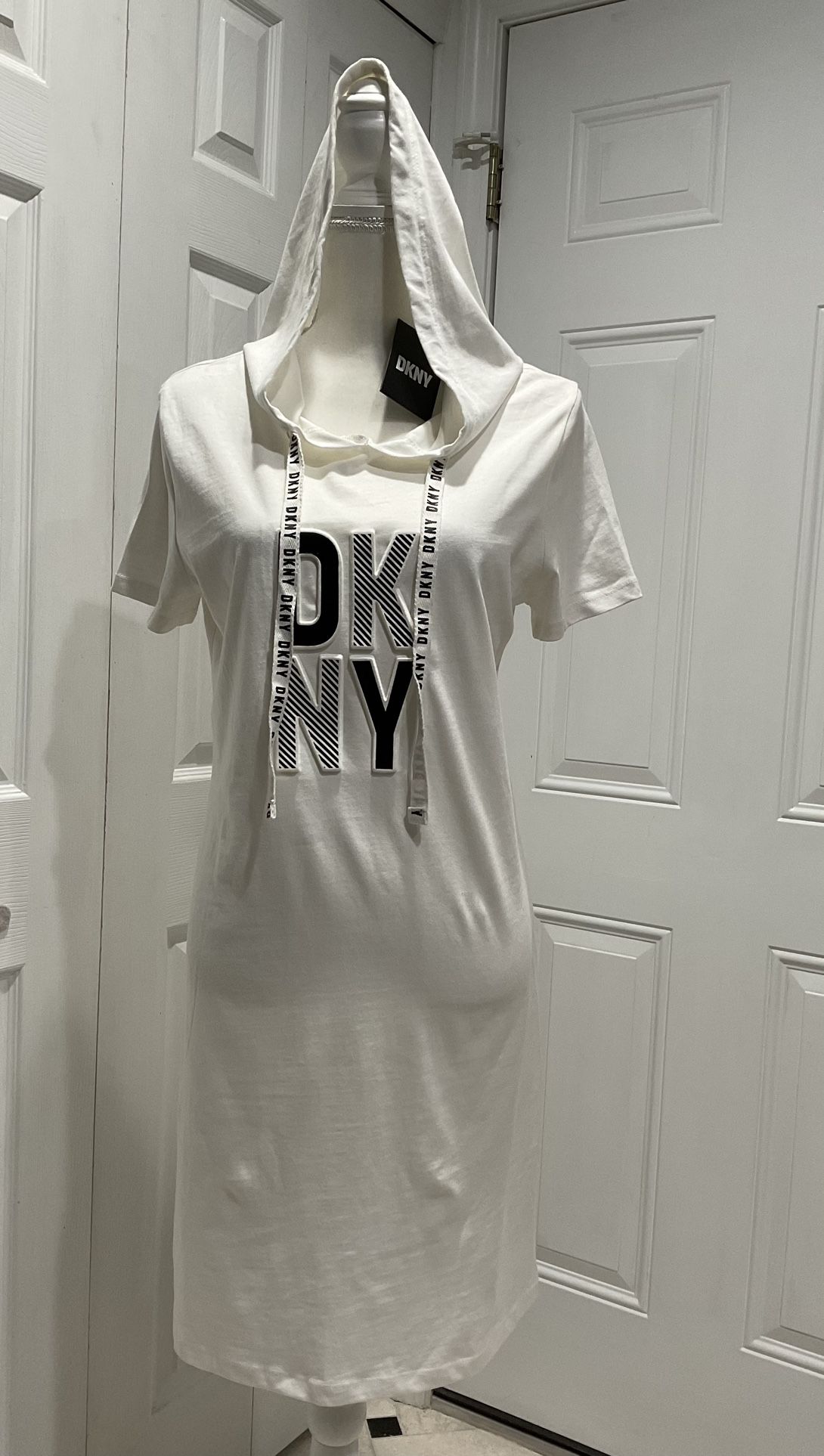 NWT DKNY White 100% Cotton Hooded Shirt Dress, Size L