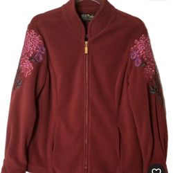 Bob Mackie Womens Jacket Zip Up Size Small Red Fleece Floral Embroidered Artsy 