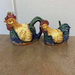 Rooster Teapot Sugar Bowl Creamer Pitcher Spoon Vintage Cracker Barrel Farm Farmhouse Kitchen Decor