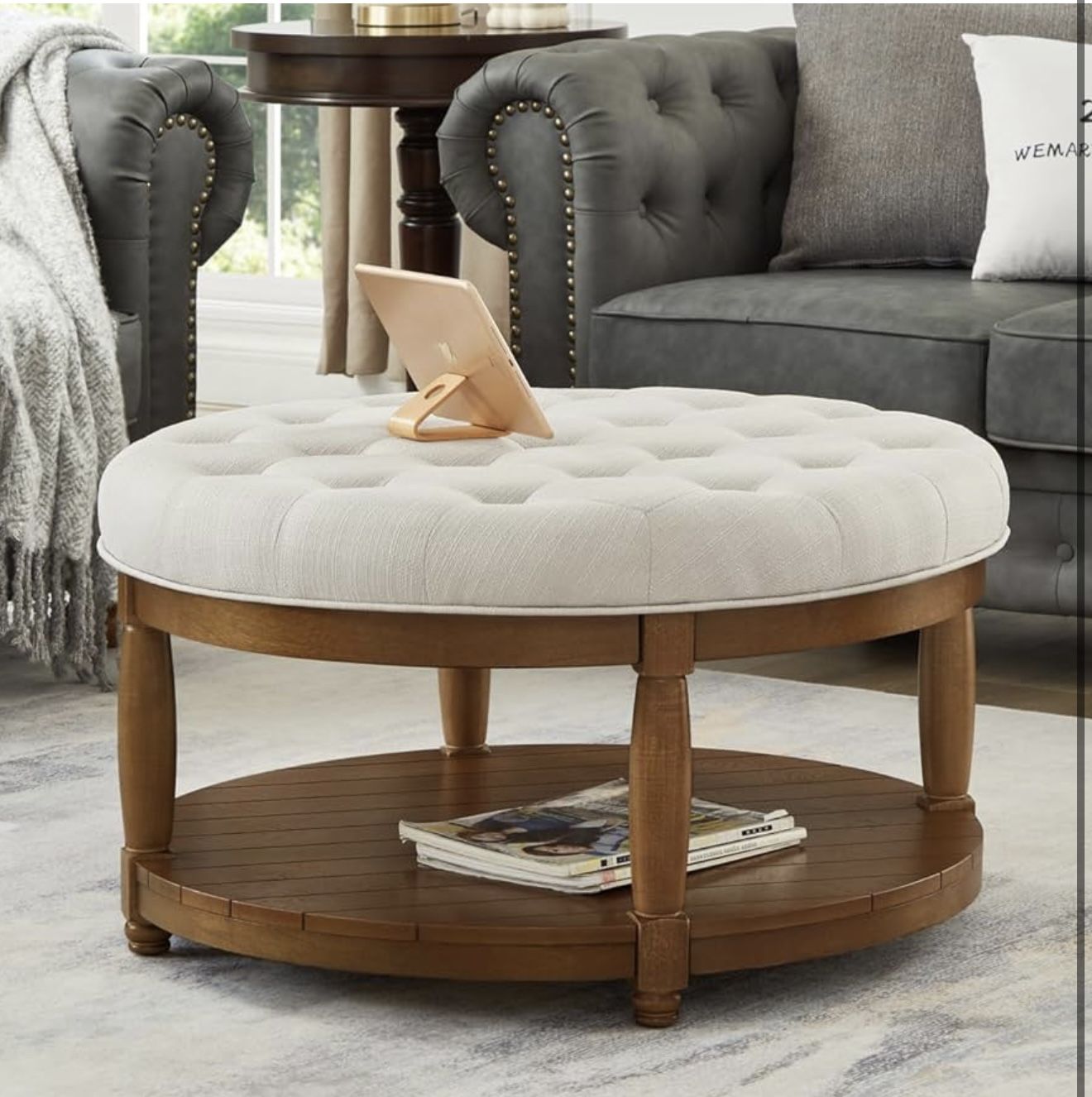 New Upholstered Round Coffee Table with Wooden Shelf, Tufted Button Large Round Ottoman with Spindle