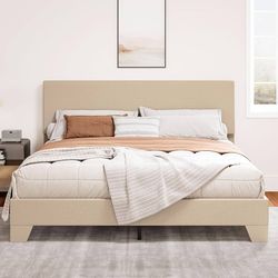 Upholstered Full Size Bed Frame with Adjustable Headboard, Stable Mattress Foundation, Strong Back-Support, No Box Spring Needed, Beige