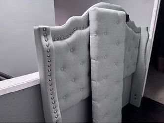 Beautiful Gray  green Upholstered Tufted Headboard with Nailhead Trim