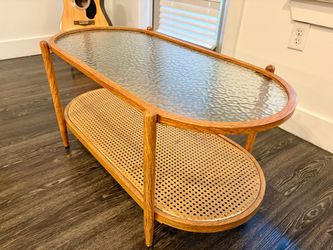 38" Oval Rattan Coffee Table | Water-Wave Glass Top | Excellent Condition