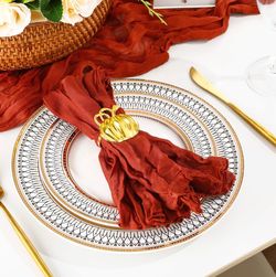 Preboun 26 Pcs Thanksgiving Table Decorations Includes 12 Cheesecloth Napkins 2 Terracotta Table Runner 12 Gold Metal Napkin Rings Bulk Rustic Wedding
