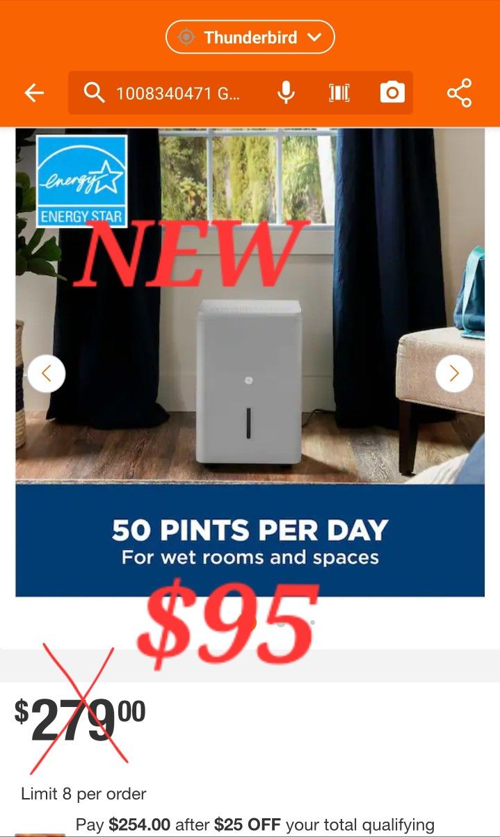 GE
50-Pint Dehumidifier With Built-in Pump