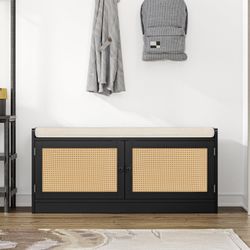 New Anmytek Rattan Shoe Bench, Entryway Bench with Shoe Storage Wooden Shoe Rack Bench with Cushion Seat & Adjustable Shelves, Storage Bench for Entry