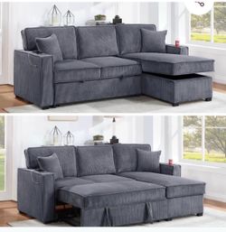 $380 . 2-P Convertible Sectional  Sleeper Sofa W/ Cupholder Sofa Storage & USB Ports  89”x 59”X36”H