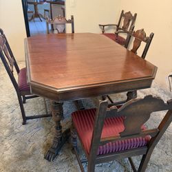 Berkey & Gay Antique Dining Table, Six Matching Chairs, With Original Maker’s Medallion.