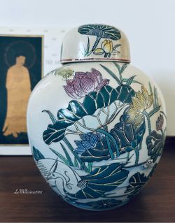 Vintage Chinese Porcelain Ginger Jar with Cranes and Lotus Motif