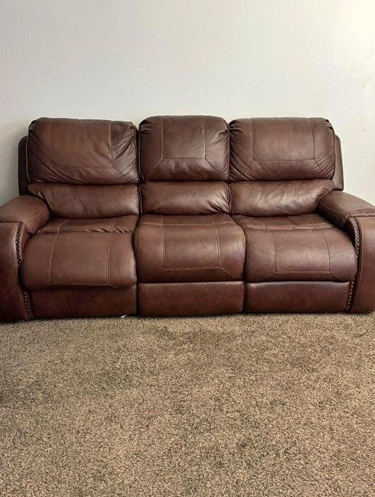 Leather Dual Recliner Couch w/ Cup Holders, Outlet, and USB Port