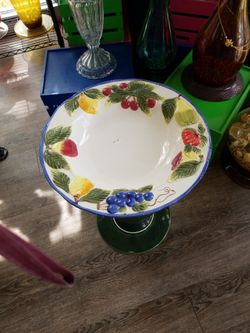 Whimsical Birdbath, Green Fruit Bowl, Height 20 Inchec