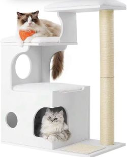 WoodyWonders Cat Tree, 33.8-Inch Modern Cat Tower, Cat Condo With 3 Perches, Scratching Post And Mat, Cave, 4 Removable Washable Cushions, Cloud White