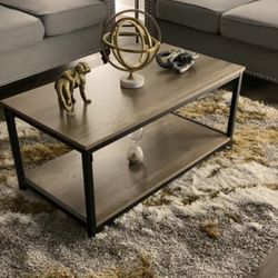 Coffee Table, 39.5" 2-Tier Coffee Table with Storage Shelve, Industrial Gray Wooden Coffee Table