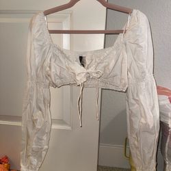 White Long Sleeve Tie-Front Crop Top