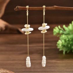 Brand New Elegant 14K Gold Plated Textured Faux Pearl Chain Earrings