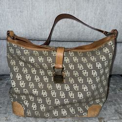 Authentic Dooney & Bourke Monogram Canvas Shoulder Bag – Brown/Tan Leather Trim