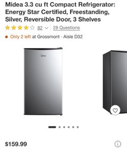 Midea 3.3 cu ft Compact Refrigerator: Energy Star Certified, Freestanding, Silver, Reversible Door, 3 Shelves