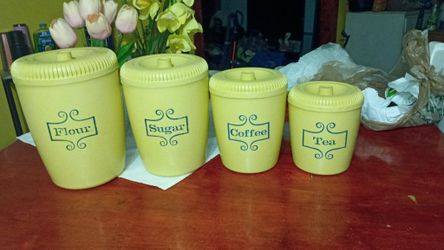 Vintage 1970s yellow canister set (Flour/Sugar/Coffee/Tea)