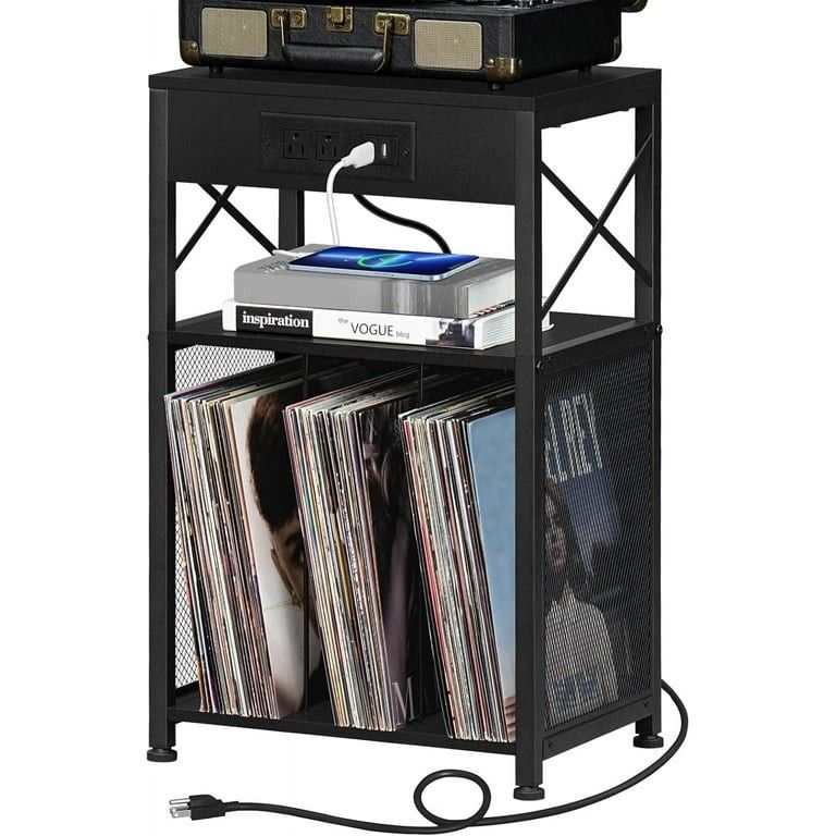 LELELINKY 3 Tier End Table with Charging Station, Record Player Stand Holds Up to 100 Albums, Brown Vinyl Records Storage Holder