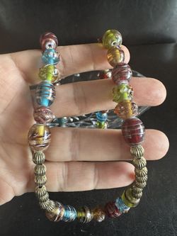 Handmade Venetian Multi colored raised Gold Flex Glass Beaded 24" Necklace Pre Owned