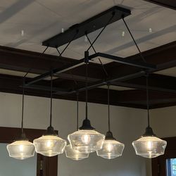 Rejuvenation chandelier - 6 Glass Schoolhouse Shades / Custom Build Dining Room Pendant Light