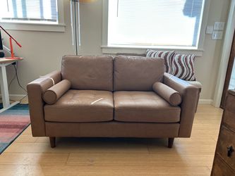 Tan Leather Loveseat with Tufted Cushions